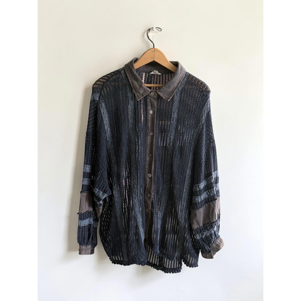 POL Clothing Oversized‎ Open Knit Crochet Button Down Shirt Gray Black M